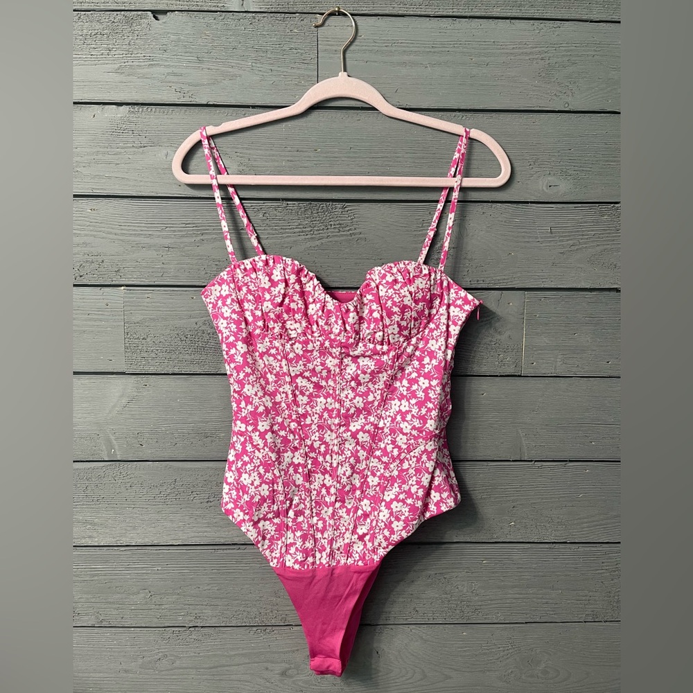 NWT Zara Pink White Floral Print Corset Bodysuit Sz S Summer Fest Beach Party - Picture 6 of 11
